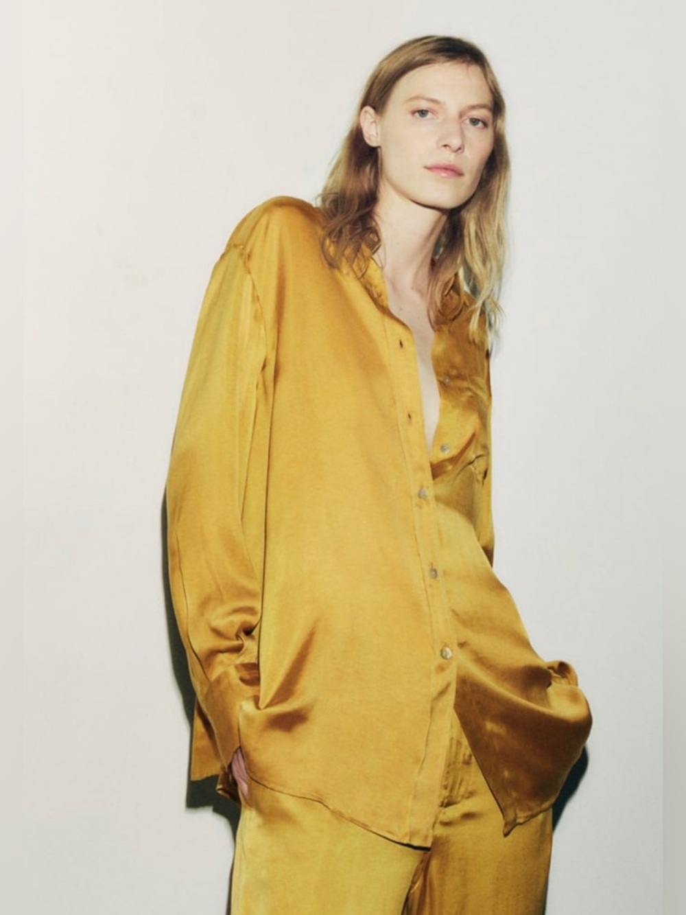 Zara brand new Satin Button-Up Shirt in Mustard